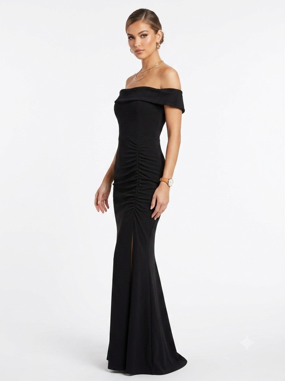 Windsor Black Ruched Maxi Dress with Cowl Neck